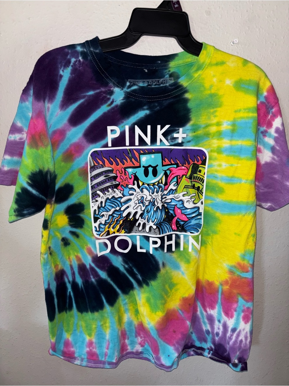 Mens pink dolphin graphics t-shirt M tie-dye multi